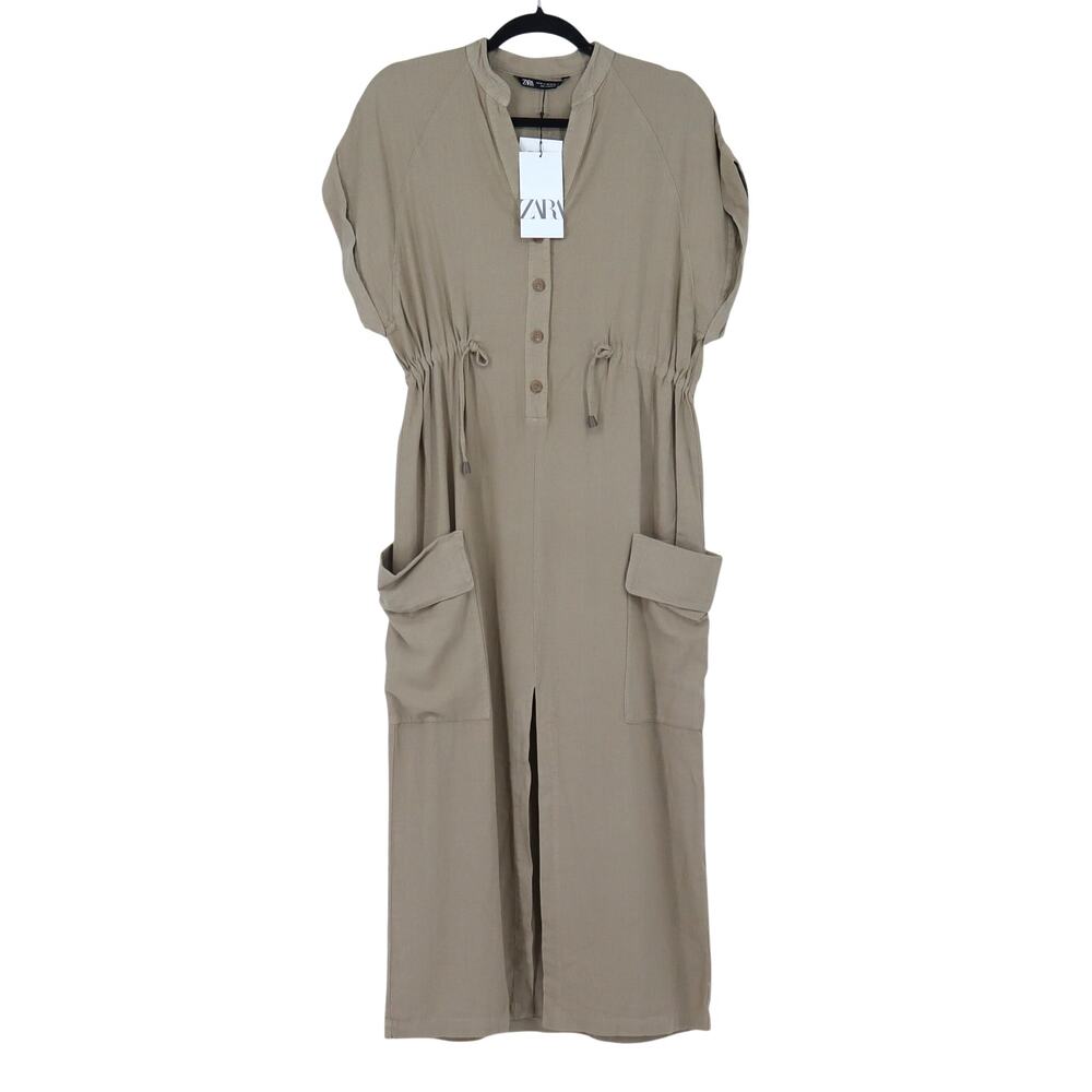 Zara Linen Blend Midi Dress Beige NWT Half Button Pullover Women's XS